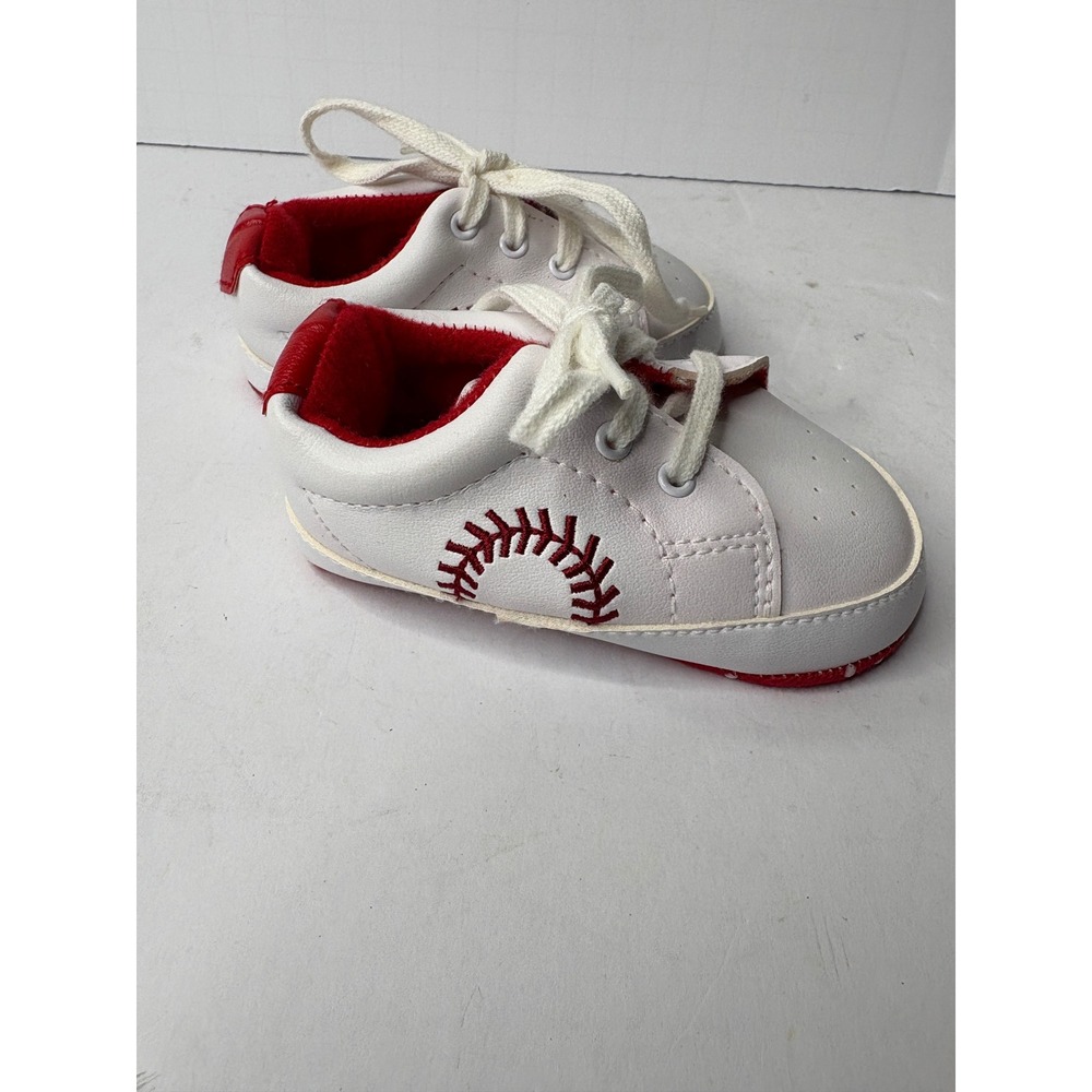 All Sport Baby Baseball Crib Shoes‎ White Red Lace Up Soft Sole Size 2 - Picture 2 of 6